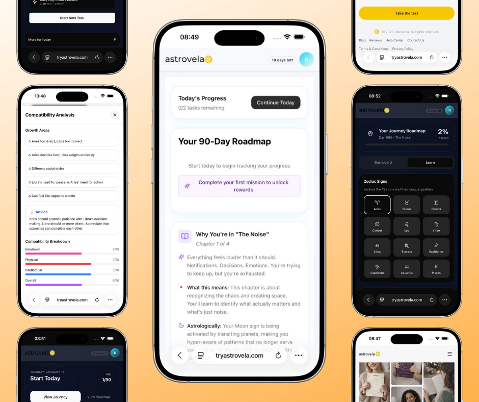 AstroVela App Interface - Daily insights, love compatibility, 90-day journey, zodiac learning on iPhone